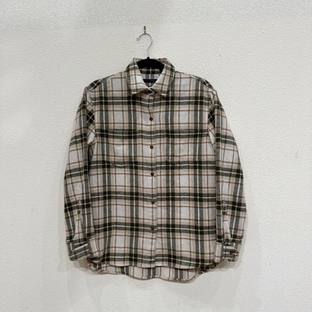 Jenni Kayne O'Keeffe Wool-Blend Shirt Overshirt Shaket Size XS Oatmeal Plaid - Picture 4 of 9